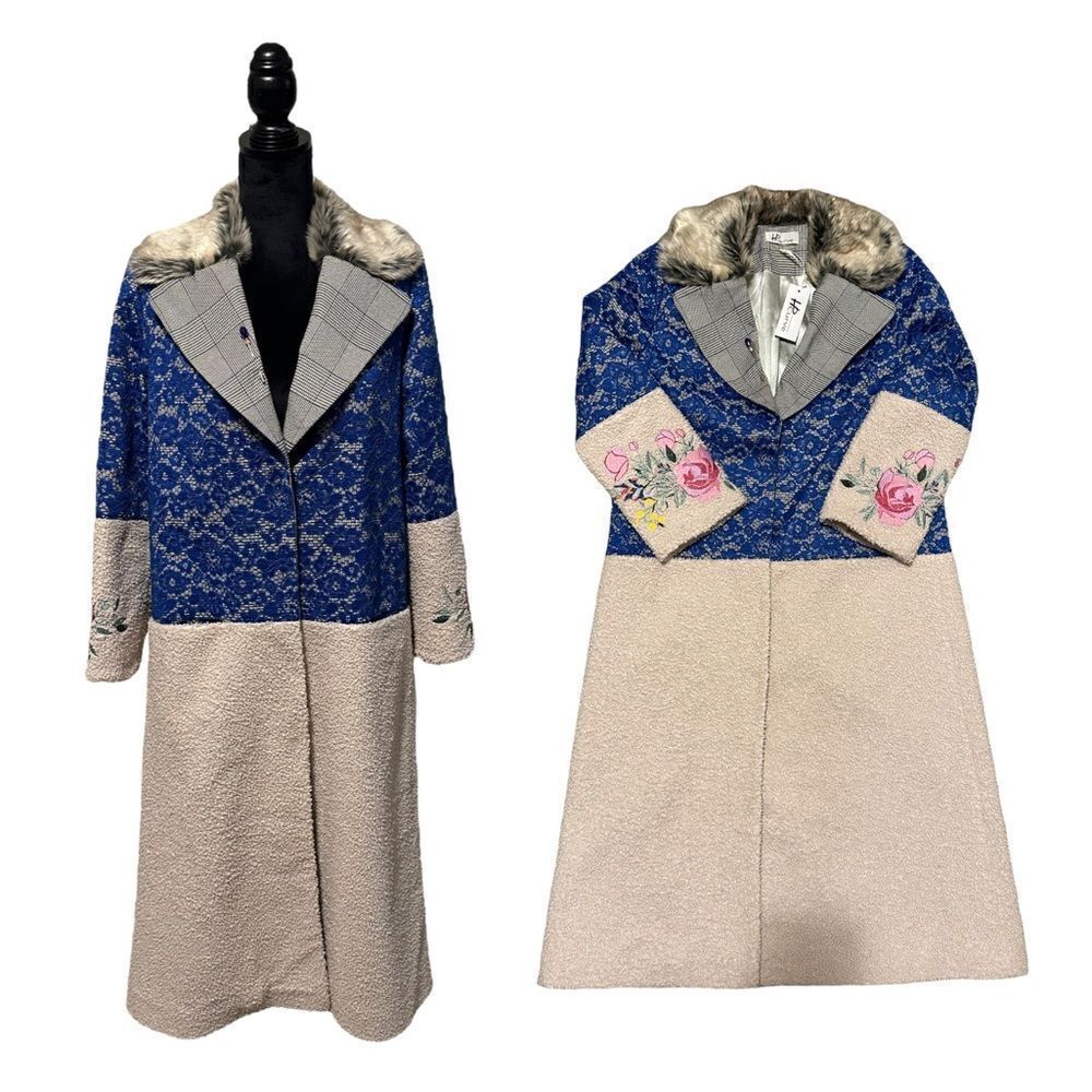 Hip Curve Embroidered Trench Coat With Lace & Sherpa Accents NWT